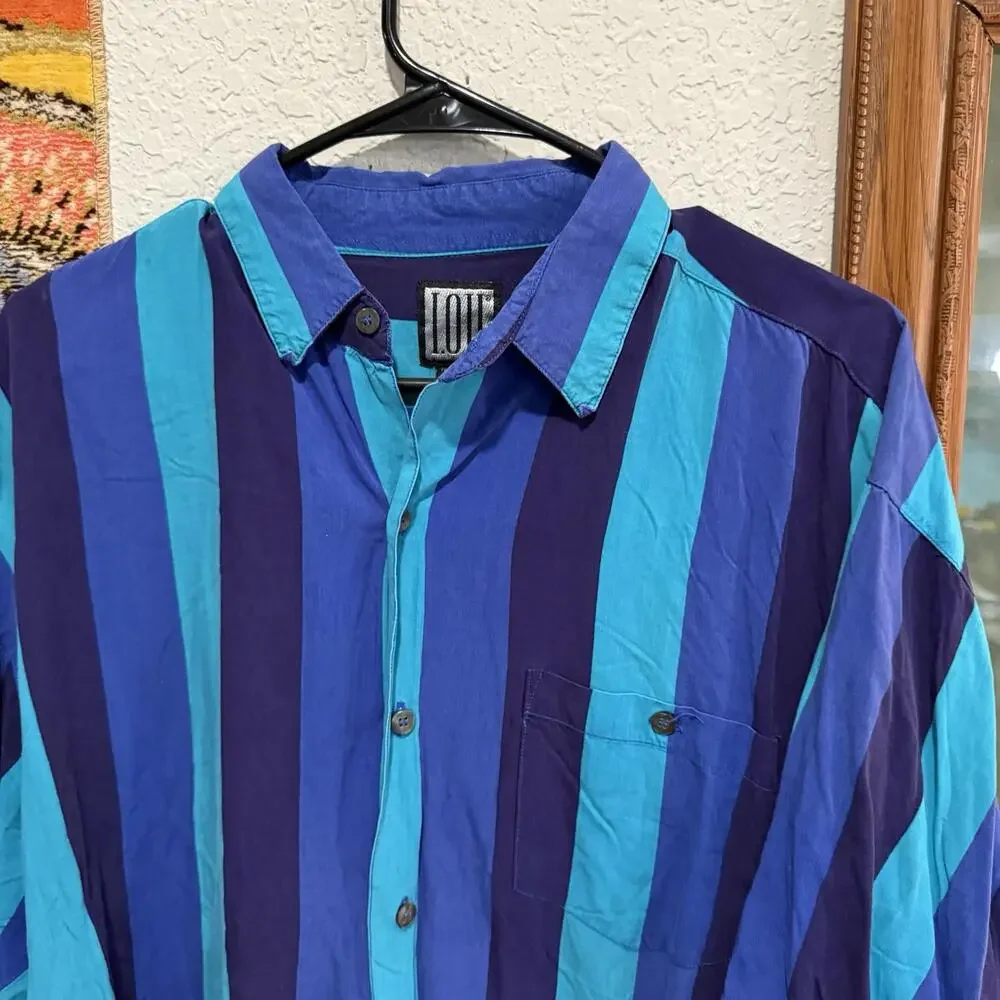 Vintage 80s RARE IOU Men's Striped Button Down Short Sleeve Blue Shirt‎ Size XL